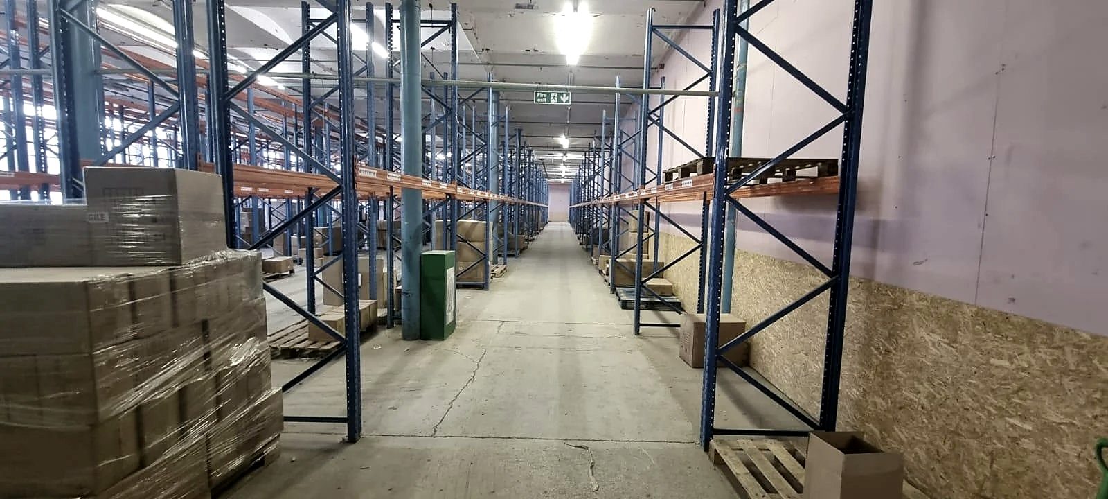 Racking and palletised stock inside the Grow Exposure warehouse, Gainsborough